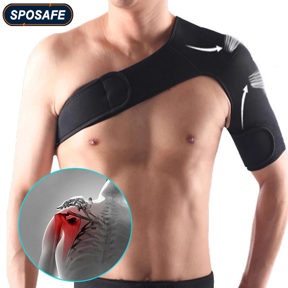 SPOSAFE Adjustable Gym Sports Care Single Shoulder Support Back Brace Guard Strap Wrap Belt Band Pads Black Bandage Men &amp; Women